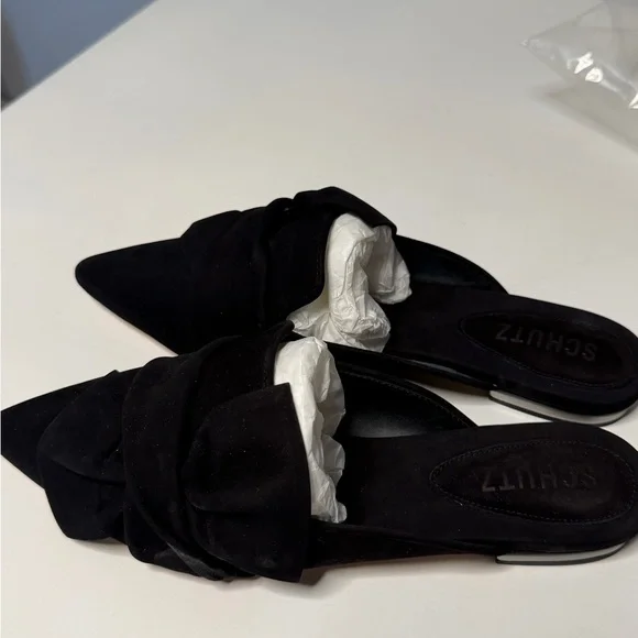 SCHUTZ Black Suede Bow Pointed-Toe Slip-On Mules - Picture 1 of 4